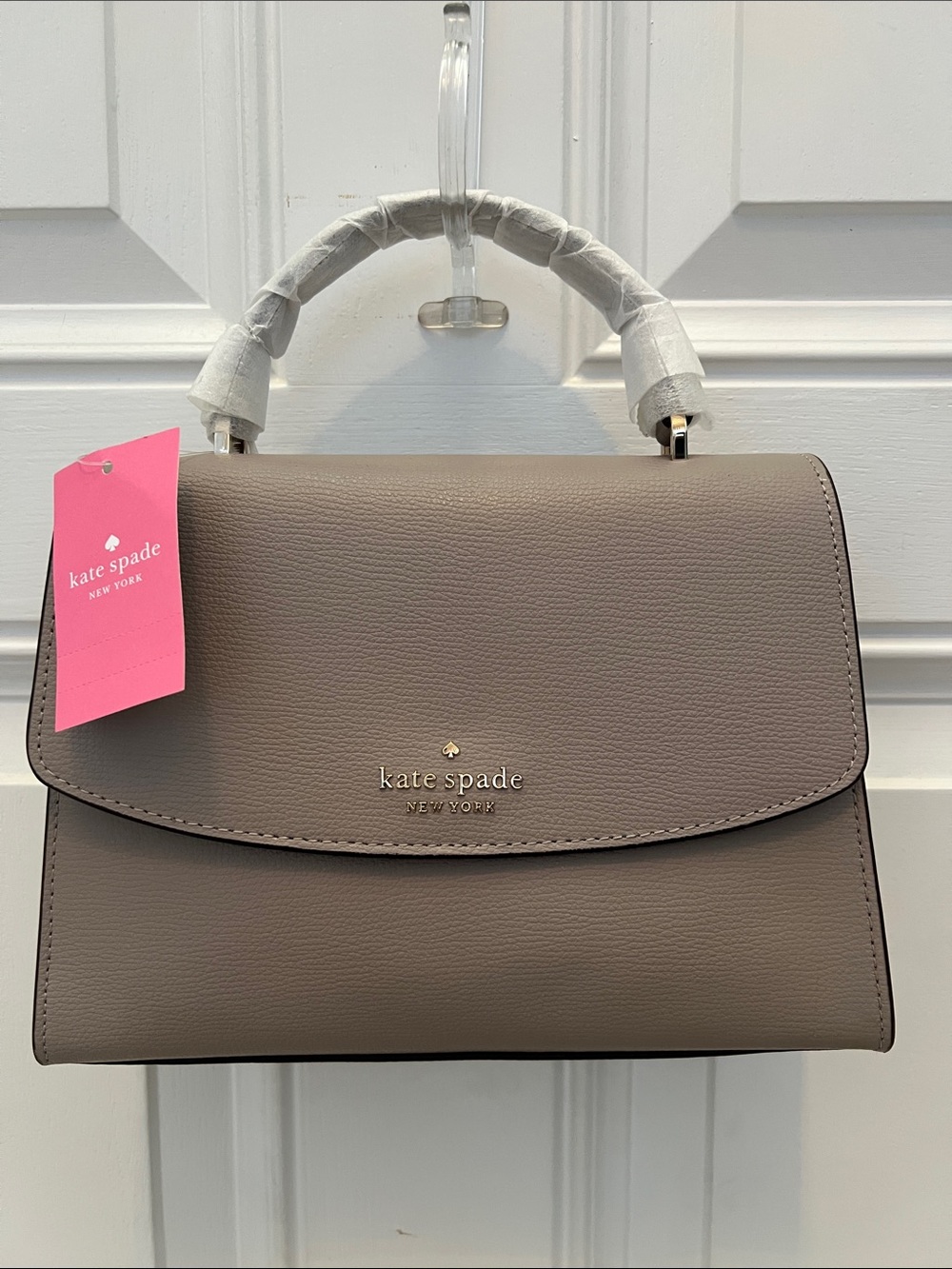 kate spade taupe leather top-handle satchel with gold logo